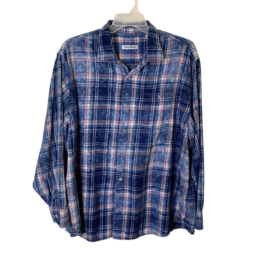 Tommy Bahama Mens 2XLB Big Blue Plaid Long Sleeve Beach Flannel Shirt